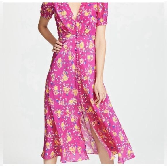 Saloni Lea Silk Pink Floral Button-Front Midi Dress Puff Sleeves US 0 Feminine - Picture 7 of 16